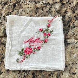 Vintage White Embroidered 'Mother' Handkerchief with Pink Floral Motif